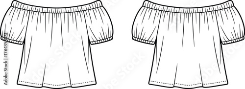 Women off shoulder blouse flat sketch, short sleeve puff top technical drawing, fashion vector template, apparel mockup, clothing design outline illustration