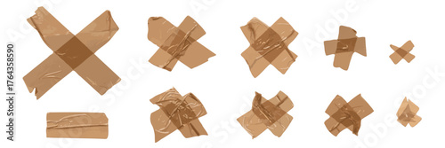 Brown scotch tape icon set, adhesive tape pieces isolated. Crumpled torn sticky stripes, plastic scotch cut collection, vector illustration