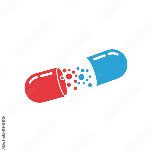 Vector art of a red and blue capsule is shown open, with small red spheres and bubbles emerging from the left half and dispersing into the right half