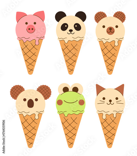 Hand drawn melted scoop of vanilla ice cream decorated with chocolate in the shape of cat, bear, panda, frog, koala, pig in waffle cone. Isolated funny animal gelato. Flat vector EPS10