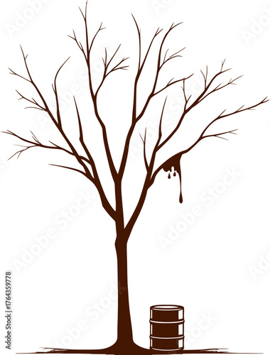 Modern illustration of a sick tree situated near a leak with chemical pollution line icon
