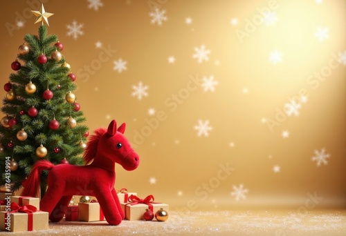 Merry Christmas and Happy New Year gold glowing background with Christmas tree, gift boxes and red toy horse - the symbol of 2026, card template with place for text