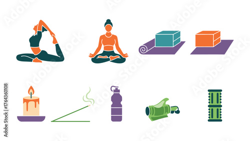 Yoga and Meditation Essentials: A vibrant illustration showcasing the key elements of a rejuvenating yoga and meditation practice, from graceful poses to mindful accessories.