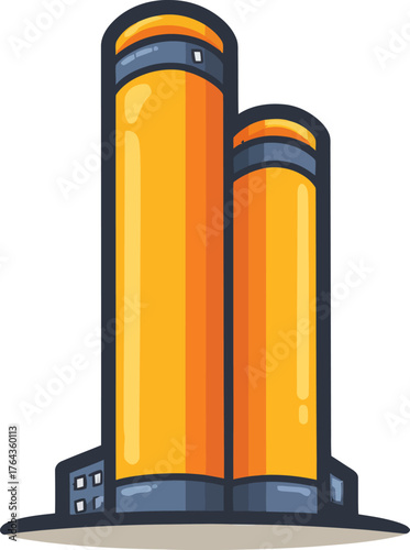 A colorful illustration of a modern cement and concrete silo serves as an icon