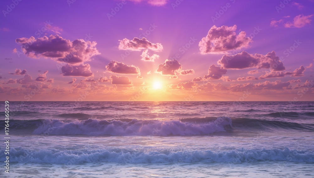 Fototapeta premium Glowing sun casting golden light over rolling ocean waves at dusk, with scattered cumulus clouds