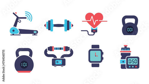 Fitness & Wellness Icons: A collection of health and fitness icons with treadmill, dumbbell, heart rate monitor, kettlebell, resistance band, smart watch.