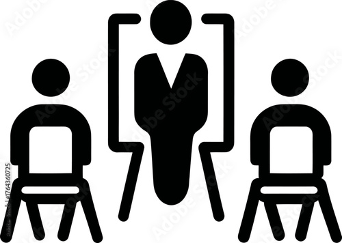A modern illustration features a meeting room setup with an included office assistant line icon