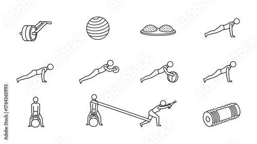 Fitness Equipment: A series of line art illustrations showcases fitness equipment and exercise in monochrome, ideal for conveying healthy lifestyle and body care.