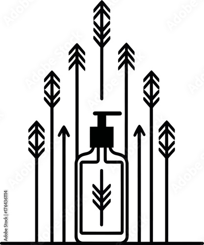 The modern illustration features a line icon of a refillable soap bottle