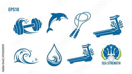 Fitness Logos and Icons: Dynamic illustrations of fitness elements, including weightlifting, jump rope, treadmill, sea strength logo and water droplet. Inspiring the pursuit of health, wellness.