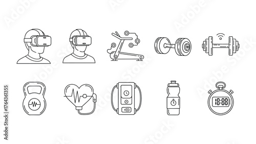 Fitness and Technology Icons: A collection of meticulously crafted line art icons showcasing a fusion of fitness and technology, representing modern workout.
