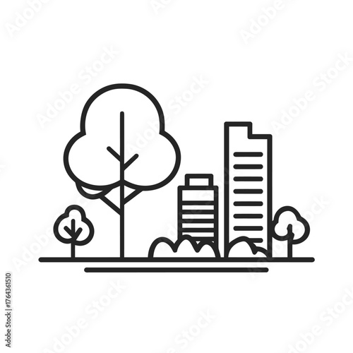 Modern illustration represents the urbanization of a city with a green space and an icon line