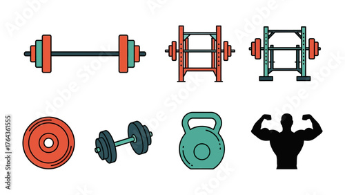 Fitness Equipment Icons: A collection of various fitness and gym equipment icons in a line art style