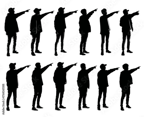 Modern art illustration features silhouettes of people standing, walking, pointing, and looking up, showcasing human figures in a creative design