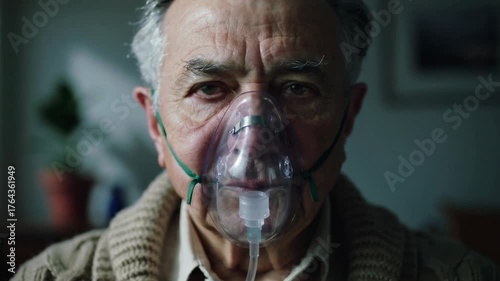 Senior man wearing oxygen mask while sitting indoors in dim room