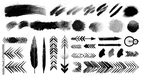 Compilation of hand-crafted black ink grunge scribble brush stroke and arrow elements designed for creative design undertakings