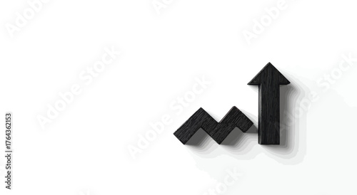 A state-of-the-art 3D visualization of an ascending black zigzag arrow, juxtaposed against a clean and uncluttered white background, symbolizing ascension, accomplishment, and intensifying corporate