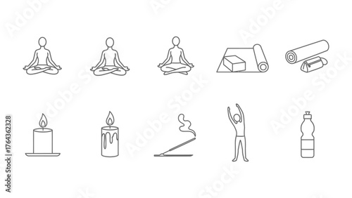 Yoga Essentials in Monochrome: An artistic arrangement of yoga essentials, rendered in elegant black and white. Featuring serene yoga poses, a rolled mat, blocks, burning candle, incense.