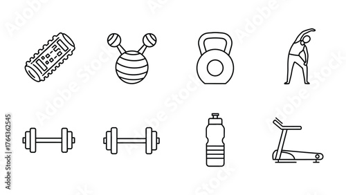 Fitness Icon Set: A comprehensive collection of fitness icons, meticulously crafted to represent diverse workout equipment and exercises, ideal for promoting health and wellness.