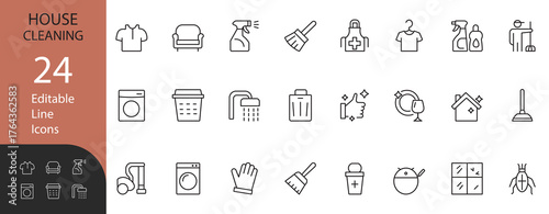 House Cleaning and Laundry line icon set. Contains symbols for hygiene, domestic chores, and cleaning services. Editable vector design for web, app, and presentation.