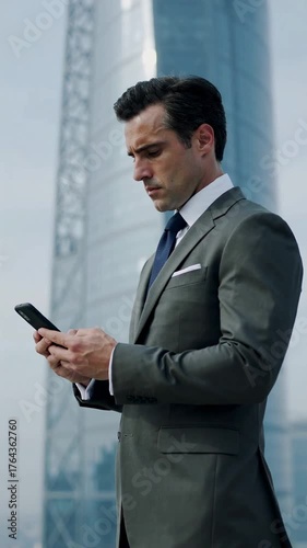 A businessman in a dark suit walks confidently past a modern glass skyscraper, and checks his phone, vertical footage