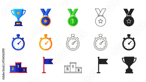 Iconic symbols of competition: An array of vibrant and bold graphic resources representing the pinnacle of success and achievement. These dynamic icons tell a story of dedication.