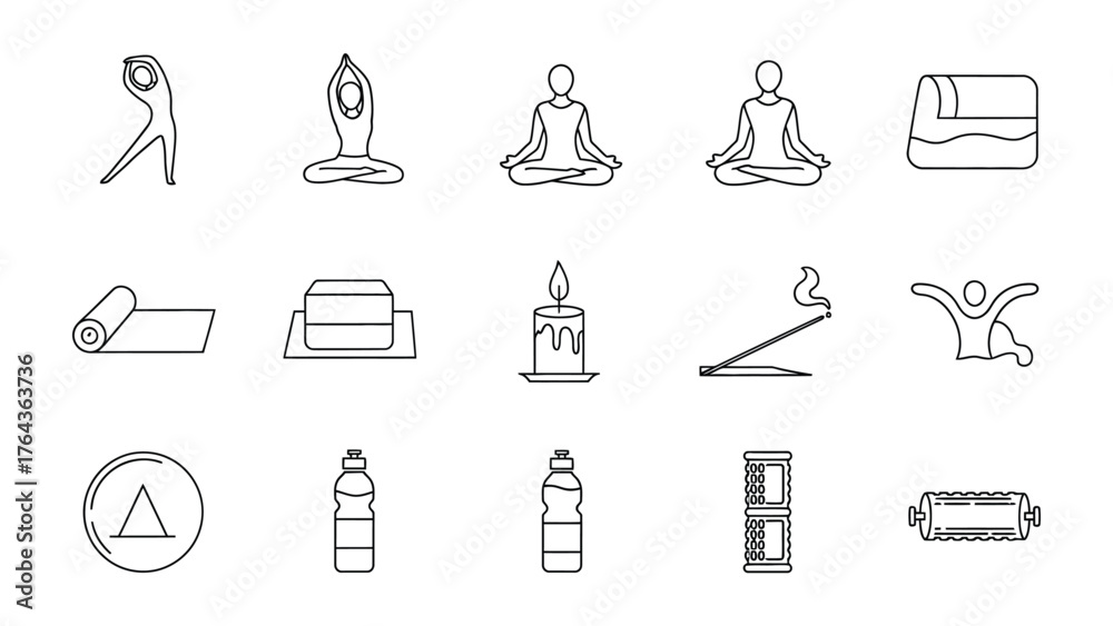Fototapeta premium Yoga and Wellness Icon Set: A collection of simple, elegant line art icons, each depicting elements of yoga practice and wellness, embodying serenity, balance, and mindful living.