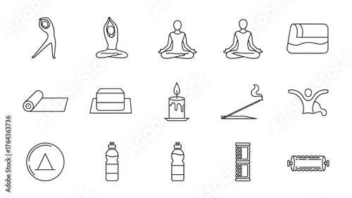 Yoga and Wellness Icon Set: A collection of simple, elegant line art icons, each depicting elements of yoga practice and wellness, embodying serenity, balance, and mindful living.