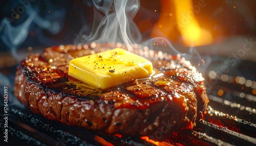 Delicious Grilled Steak With Melting Butter Cooking Over Fiery Grill