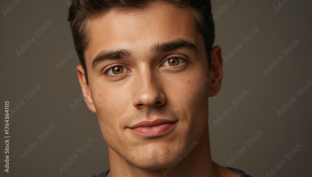 Naklejka premium Posing adult male wearing dark crew-neck shirt against neutral grey backdrop, with studio lighting