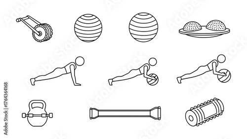 Exercise Icons: An array of exercise equipment icons, illustrating fitness and wellness, offering visual guides for physical activities, from strengthening core to building endurance.