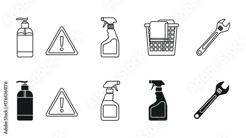 Cleaning and Maintenance Icons: A comprehensive set of icons, showcasing essential cleaning supplies, safety symbols, and tools for upkeep. Perfect for illustrating cleanliness, home care.