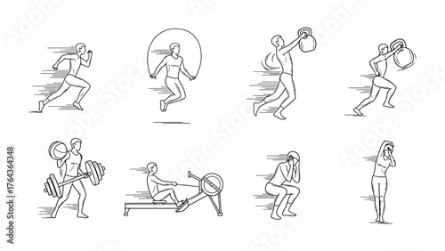 Fitness & Exercise Dynamics: Dynamic sketches capturing diverse fitness activities in action, showcasing a range of exercises for a fit and healthy lifestyle. 