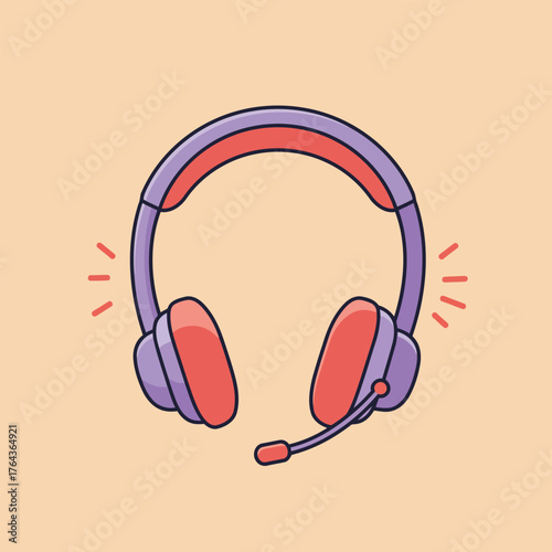 Purple Headset with Microphone Cute Cartoon Vector Illustration