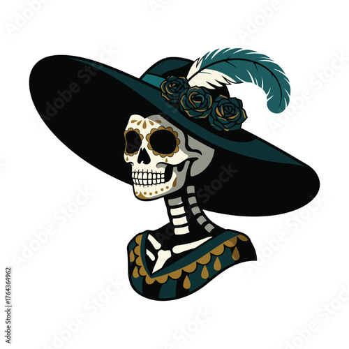 Elegant Catrina Skull in Wide Hat Day of the Dead Icon