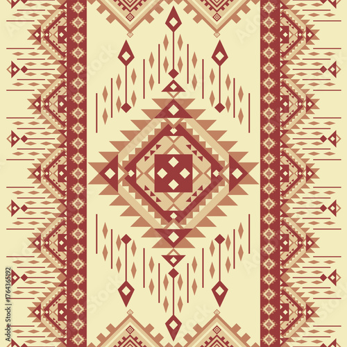Warm terracotta and beige tribal geometric pattern inspired by Aztec art. Perfect for textile, wallpaper, wrapping paper, or digital background design.