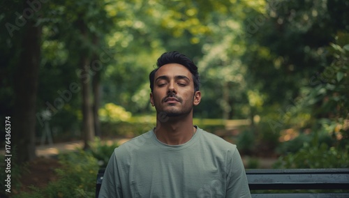Sitting Asian male closing eyes on green metal bench in public park, with dappled sunlight