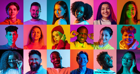 Group of diverse young people in neon light portrait collage symbolizing creative unity. Concept of inclusivity, future identity, emotional connection, and cultural storytelling for brand campaigns.