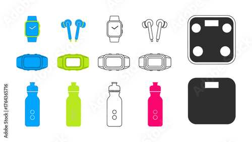 Fitness Essentials: A collection of modern fitness tools, including a fitness tracker, earphones, and a weight scale. This scene provides inspiration for active and healthy lifestyle.