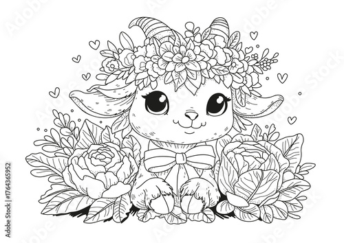 A cute baby goat with a flower crown on his head and cabbage. A coloring page for children and adults. Black and white illustration for coloring.