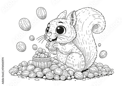 A cheerful squirrel sits and eats walnuts. This coloring page is for adults and children. Black and white illustration for coloring.