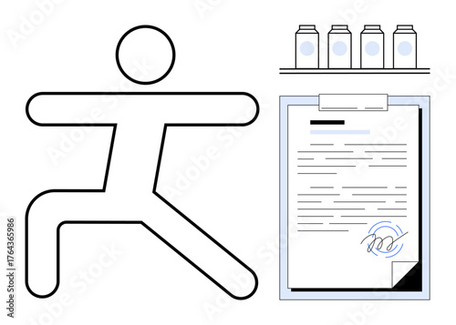Stick figure in workout pose near signed contract and supplement bottles. Ideal for health, fitness, wellness, agreements, contracts, sports, and dedication. Clean simple flat metaphor