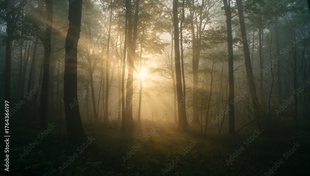 Fototapeta premium Piercing sunrays streaming through dense forest canopy at dawn, with mist and tree trunks