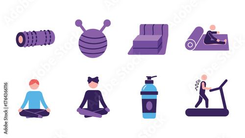 Fitness Equipment Icons: A dynamic collection of fitness icons, showcasing a range of exercise gear and wellness activities, ideal for promoting health and wellness themes.