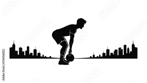 Power and Determination: An athlete performs a weighted exercise against a city skyline, symbolizing strength, resolve, and dedication to fitness.