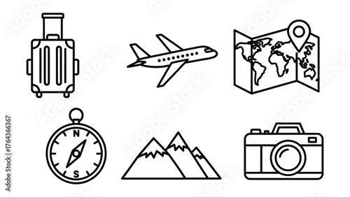 Travel Essentials: Vector illustrations of iconic travel essentials, embodying the spirit of wanderlust and adventure. Featuring a suitcase, airplane, map, compass, mountains, and camera.