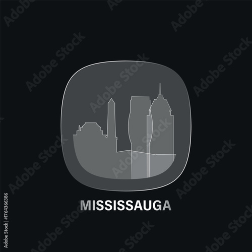 Mississauga, Canada: icon and logo prototype with glass liquid effect. Flat emblem with shapes of landmarks. Concept for mobile app, sticker, web element