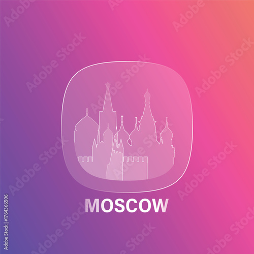 Moscow, Russia: icon and logo prototype with glass liquid effect. Flat emblem with shapes of landmarks. Concept for mobile app, sticker, web element
