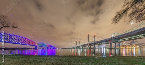 Louisville bridges illuminated at night over the Ohio River