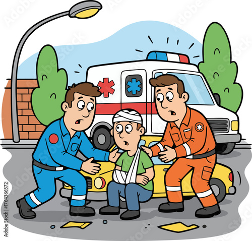 Cartoon Paramedics Assisting Accident Victim Vector Illustration – Ambulance Emergency Scene, Car Crash, Flat Style